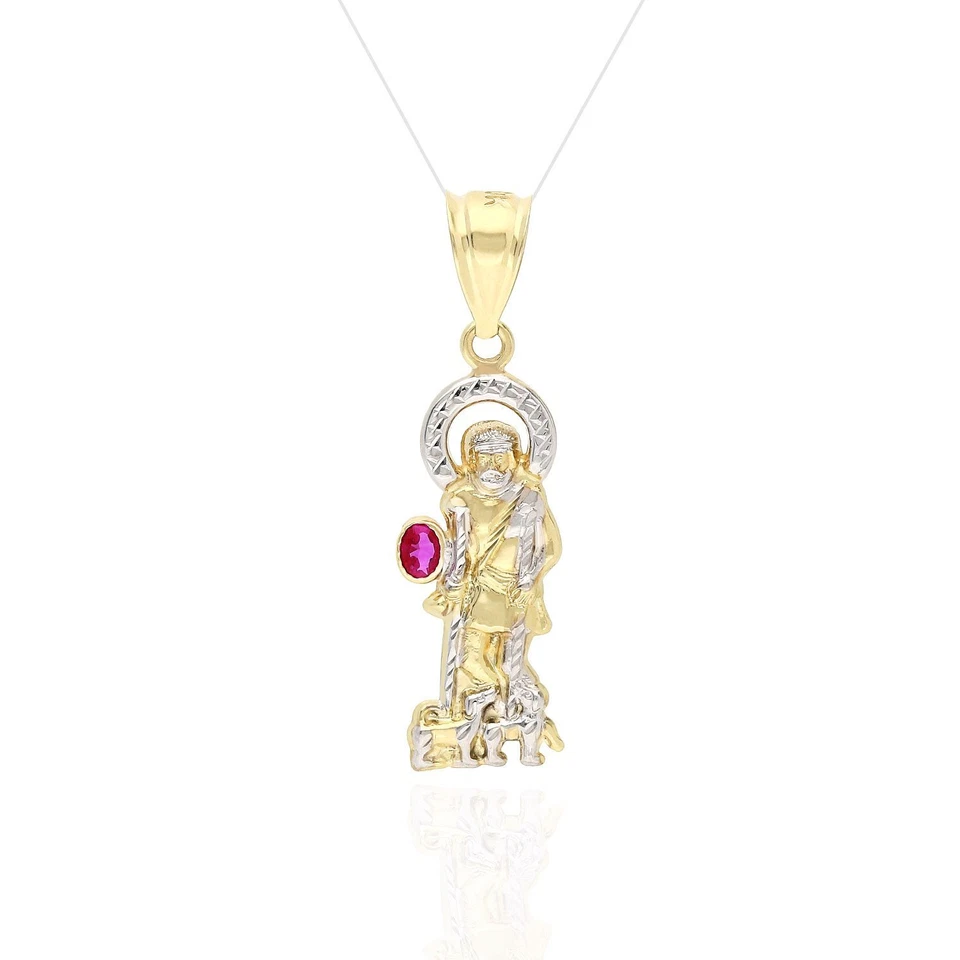Colgante religioso San Lázaro rubí talla diamante amarillo y blanco oro 10K 1,57" Foto 2 de 4