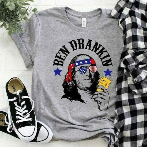 Funny 4th Of July Tank Top - 'Ben Drankin' Benjamin Franklin Graphic, Sleeveless Racerback Tee (Dark Grey)