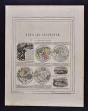 1862 Johnson World Map Physical Geography Hemisphere Polar Projection Land Ocean