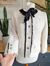 Zara Cream Bow Boucle Short Textured Tweed Blazer Jacket Size M Medium