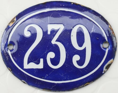 Old blue oval French house number 239 door gate plate plaque enamel steel sign 