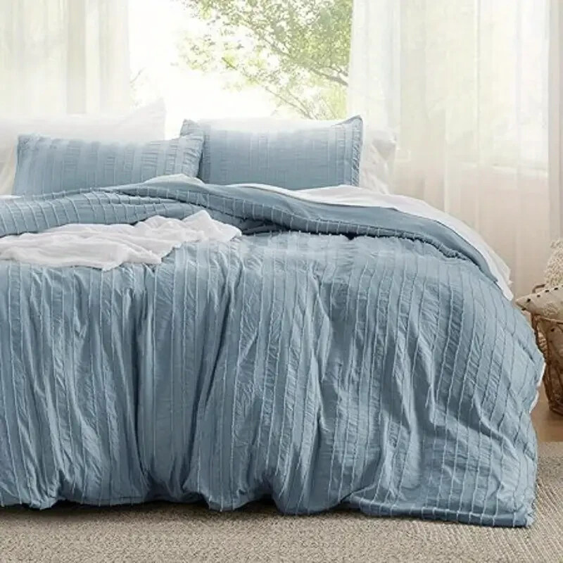 Bedsure Tufted King Duvet Cover Set Blue Fray Stripe Boho with 2 Shams-image