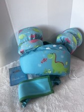 Toddler Blue Life Jacket Swim Vest Arm Floaters Bottom Clip Dinosaur 12-32 Lbs