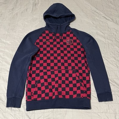 Nike FC Barcelona Hoodie Mens Small Red Navy Checkered Pullover FCB AT4417-451