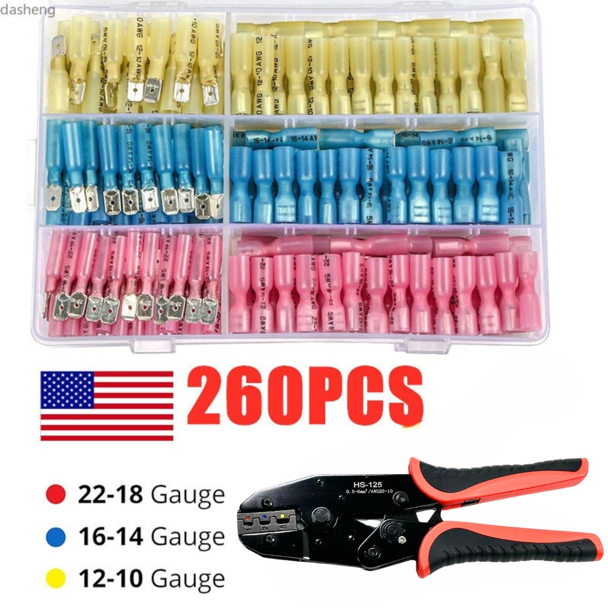 260/200PCS Assortment Heat Shrink Wire Connectors Marine Spade Crimp Terminals 