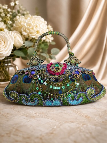 Mary Frances Show Off Peacock Feather Beaded Jeweled Hard Shell Purse Vintage