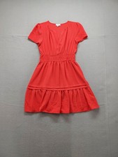 Tahari Women Mini Dress M Red Short Sleeve V Neck Pullover Ruffle Hem Casual