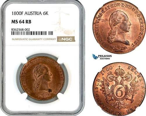AK800, Austria, Franz II, 6 Kreuzer 1800 F, Hall Mint, NGC MS64RB, Top Pop!