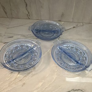 Set of 3 Vintage Blue Windsor Federal Indiana Glass divided candy/relish dish