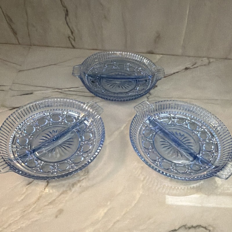 Set of 3 Vintage Blue Windsor Federal Indiana Glass divided candy/relish dish