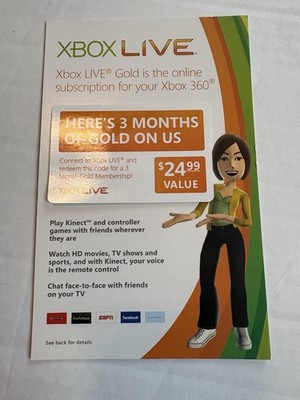 Microsoft Xbox Live Gold Pass 3 Month for Xbox 360 Collectible Promo Insert