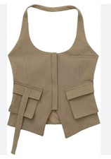 Zara Beige Solid Halter Sleeveless Zip Front ...