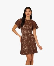 Adrianna Papell | Lace Flounce Short Dress Brown Espresso Crewneck Sz 12