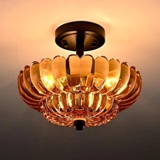 Modern Vintage Semi Flush Mount Ceiling Light Fixture, Amber Glass 3-Light