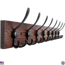 32.2'' Wall-Mounted Coat Rack - 8 Black Triple Hooks on Brown Pine Wood Plank