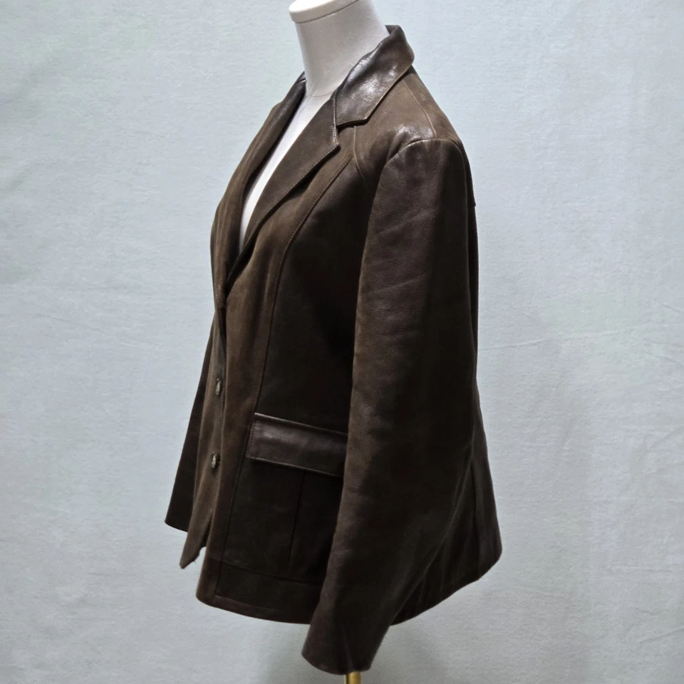 Chaqueta de cuero The Territory Ahead para mujer Blazer marrón tres botones forrada 16P Foto 4 de 4