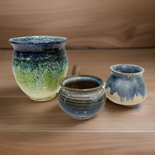 Studio Art Pottery Vases Signed Small to Medium 3”-5” Lot of 3 Blue Hand Thrown - Picture 1 of 12