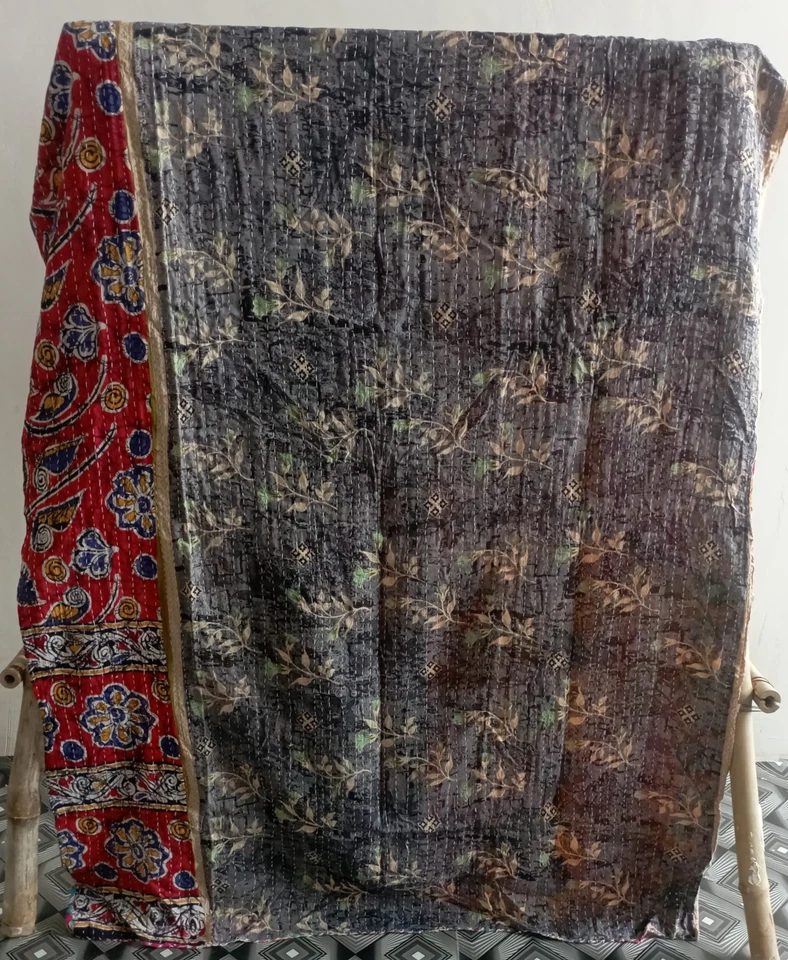 Colcha de Colección India Reversible Kantha Manta Cobertor Tamaño Doble Ropa de Cama Foto 2 de 2