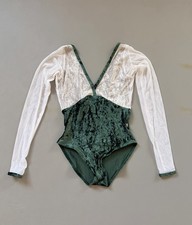 Yumiko leotard, velvet silver and green, white mesh, Front Lining, Size S