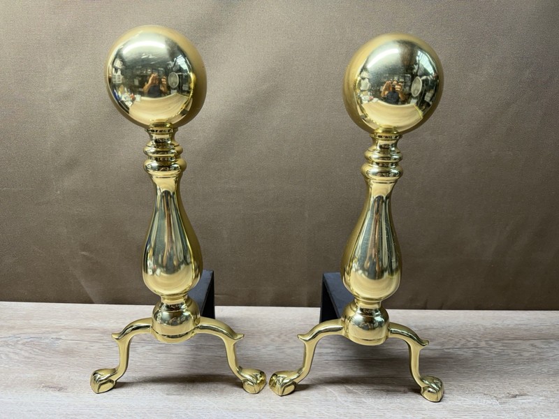 Vintage Brass Cannonball Andiron Set Of 2 W/ Ornate Lion Claw Feet