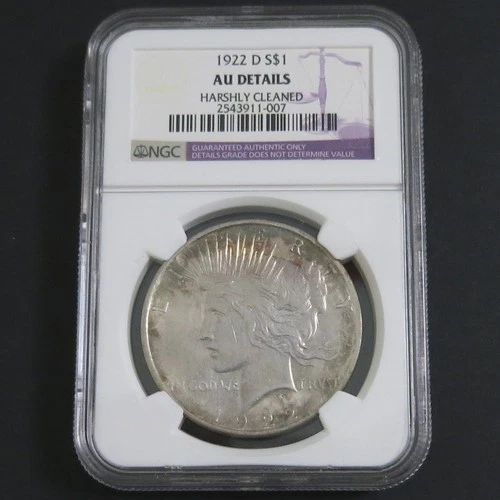 1922-D Peace Silver Dollar $1 - AU Details - Cleaned - 90% Silver