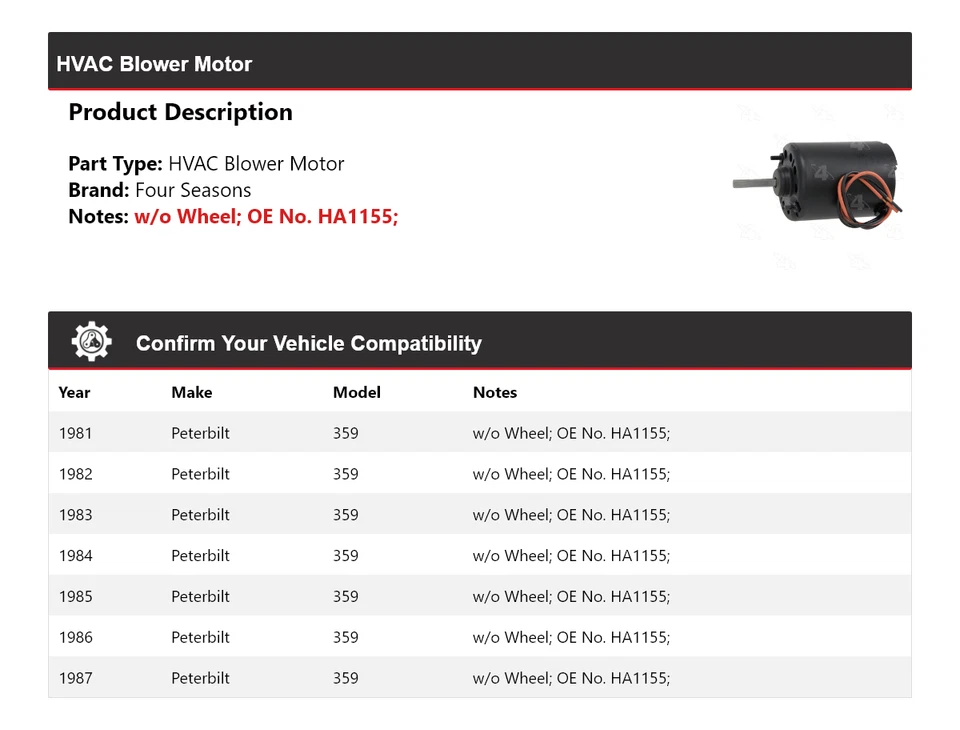 Motor soplador de climatización Peterbilt 359 1981-1987 4 estaciones 1982 1983 1984 1985 1986 Foto 2 de 4