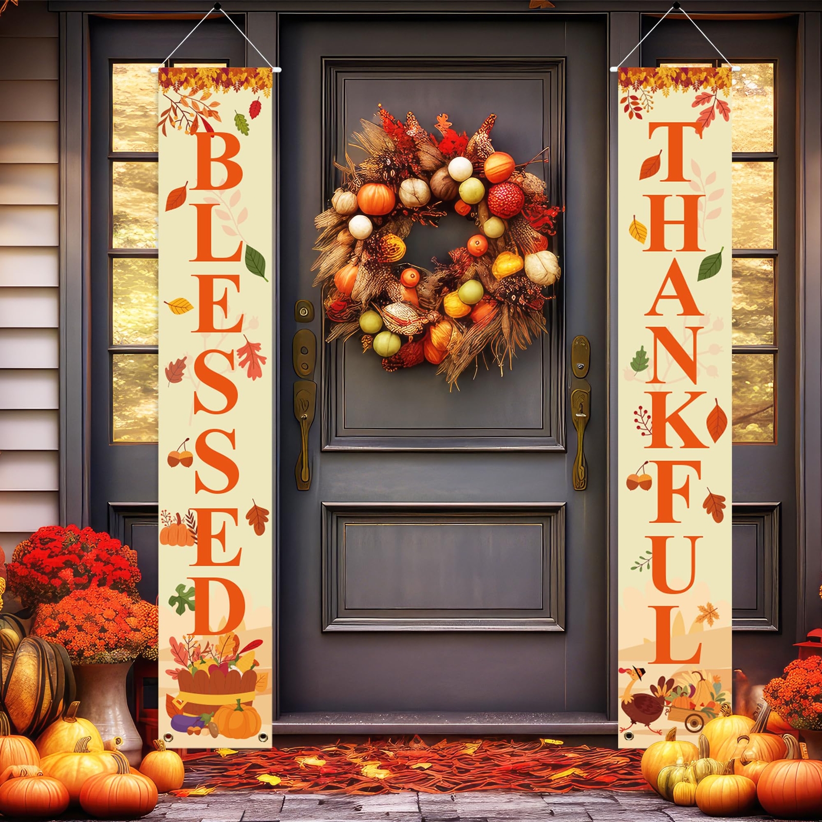 Uniwish Blessed Thankful Porch Banner for Indoor Outdoor Thanksgiving Decor  