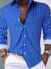 Camisa Botones Hombres Top Moda Manga Larga Gráfico Contraste Azul Blanco Rayas