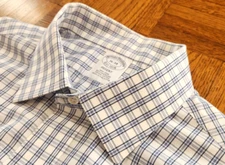 BROOKS BROTHERS SHIRT, Men 16 x 34 REGENT, WHITE Blue Black  Plaid, NO IRON, EUC