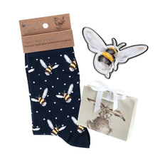 Wrendale Bumble Bee Socks and Matching New 2025 Bumble Bee Badge with Gift Bag