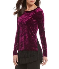 Karen Kane 3N94861 Berry Stretch Crushed Velvet/Black Lace Inset Top - $128