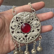 Old Chinese tibet silver inlay red gemstone handcarved sheep necklace Pendant