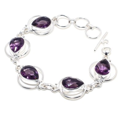 Purple Amethyst Gemstone Handmade 925 Sterling Silver Jewelry Bracelet Size 7-8''