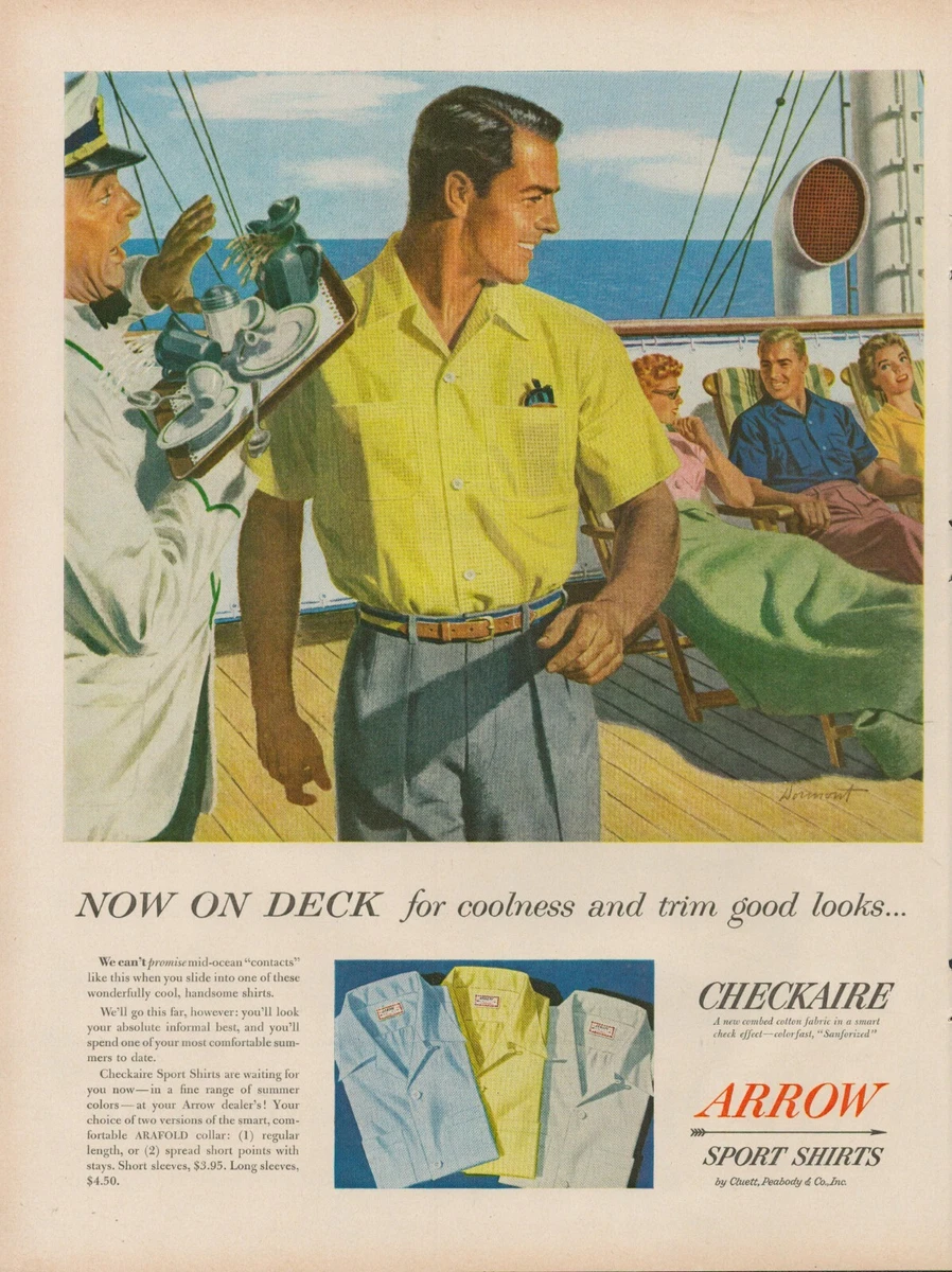 1954 Mens Fashion Shirts Vintage Print Ad 50s Arrow Cruise Boat Deck Waiter  Sun