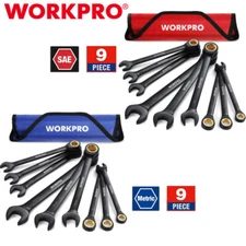 WORKPRO 9PC Anti-Slip Ratcheting Combination Wrench Set Roll Up Pouch SAE/Metric