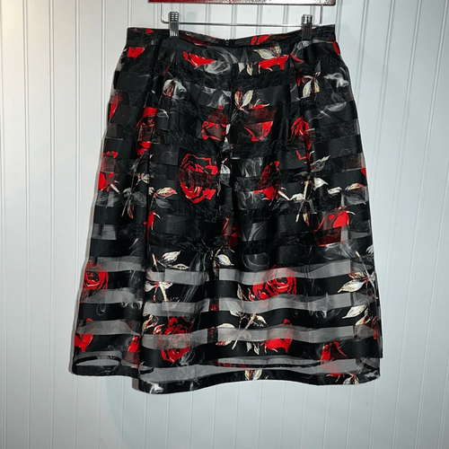 Jasmine Mesh Overlay Pleated Skirt Womens XLarge Black Red Rose Sheer Mini Lined
