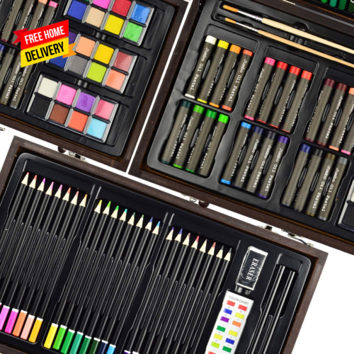 45 Piece Deluxe Art Set Wooden Box & Drawing Kit with Crayons Oil Pastels Colore - Picture 3 of 6