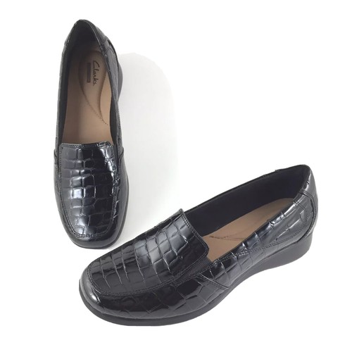 Excelente condición usada Mocasines zapatos Clarks Womens Sz 9 Cocodrilo  Charol Negro Slip On | eBay