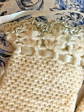 Special New Baby Gift Handmade Antique Mitts Knitted Off White Blue Ribbon Sweet