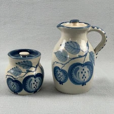 Stoneware Pottery Folk Art Blue Apple Rustic Farmhouse Lidded Pitcher Jar Signed