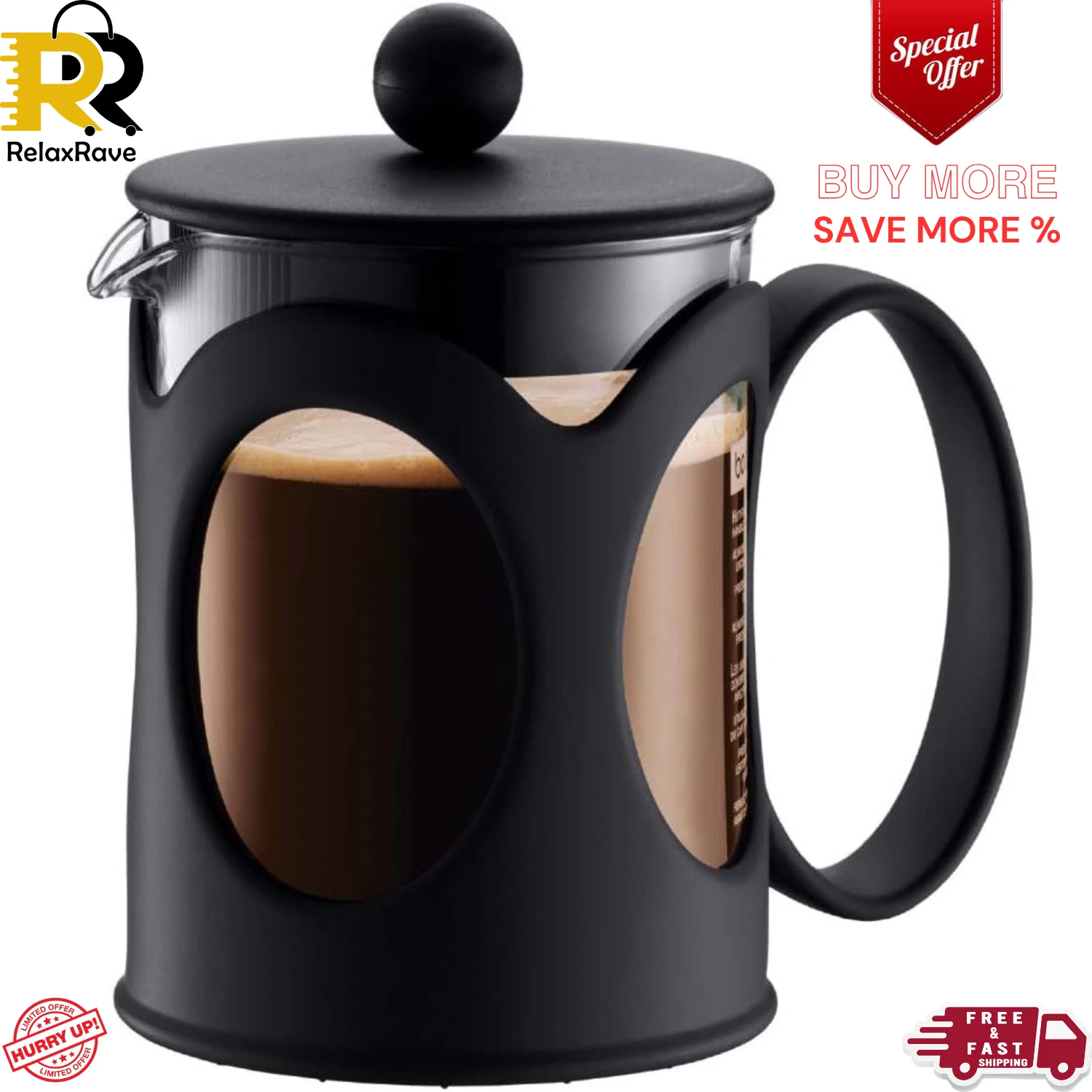 Bodum Kenya French Press 4 cup-500 ml Black, 4 Cup Coffee maker, Heat Resistant