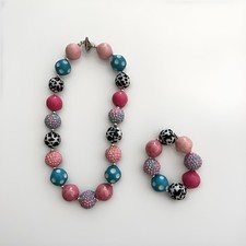 Girls Bubblegum Beaded Jewelry Set Necklace Bracelet Pink Blue Black White