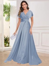 V Neck Mother of Bride Dresses for Women Lace Applique Chiffon A-line Long