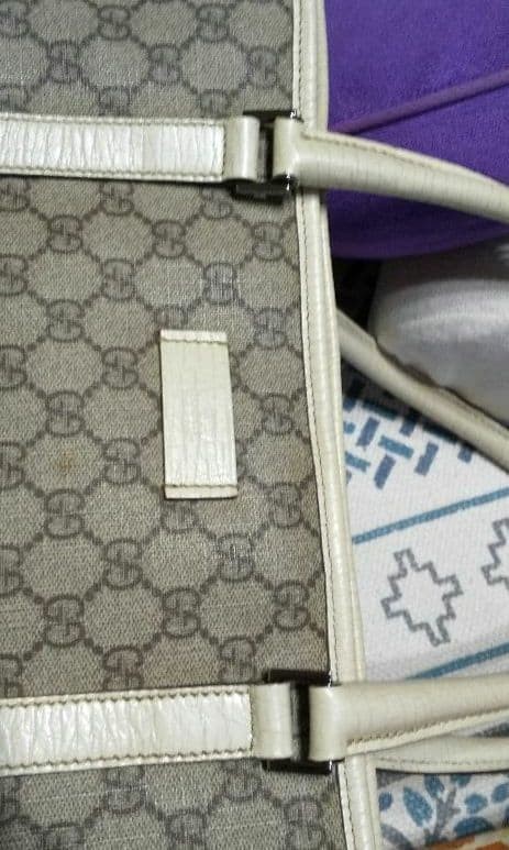 Gucci Gray Canvas Leather Tote Bag with Interior Pocket Authentic thumbnail 5