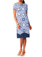 TALBOTS Blue/White TWILL Zip MEDALLION PRINT Lined MIDI SHEATH DRESS Sz 4