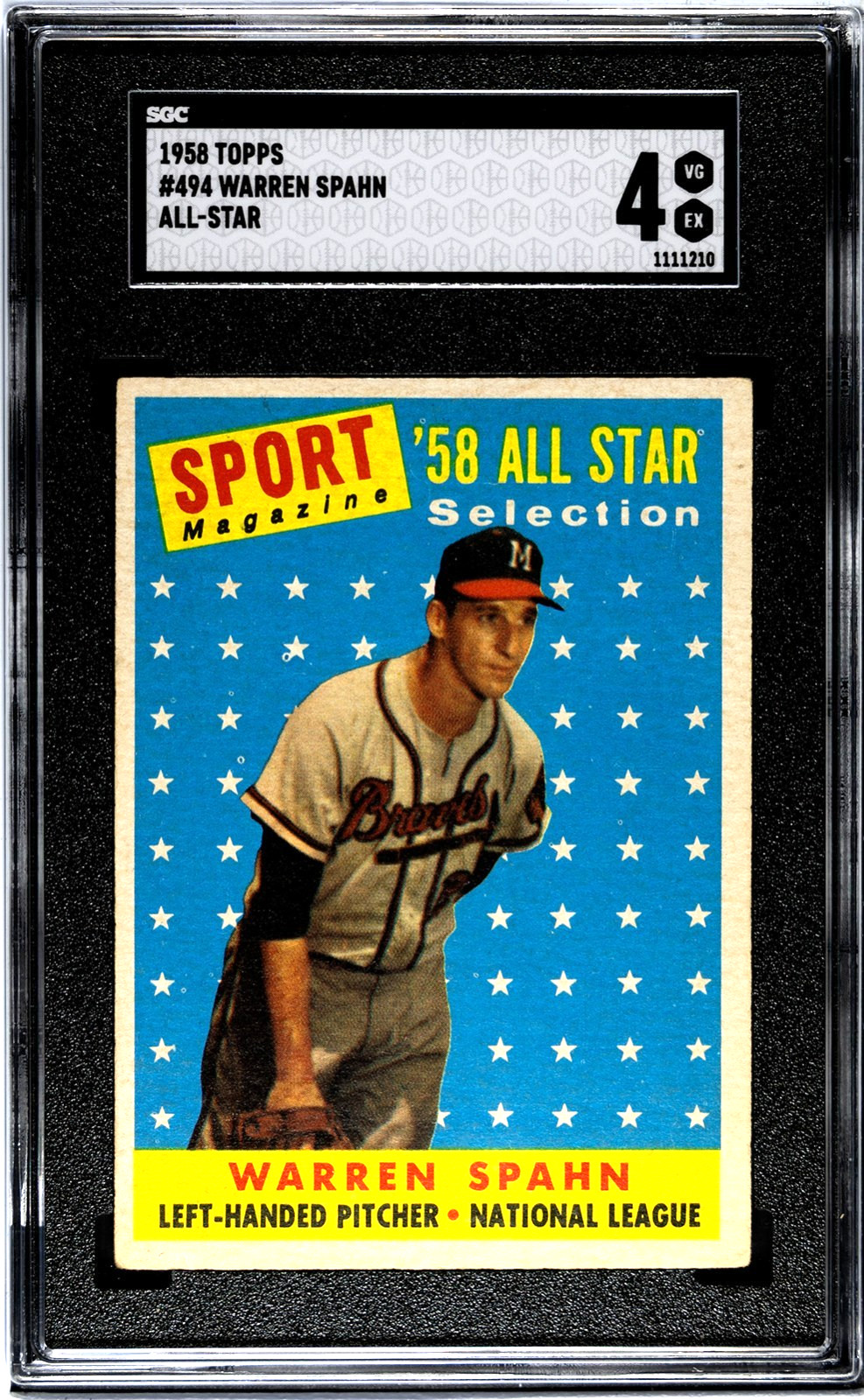 1958 Topps WARREN SPAHN Milwaukee Braves All Star #494 SGC 4 VG/EX Condition