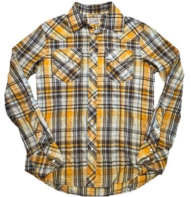 True Religion Rocky Western Shirt Mens M Plaid Pearl Snap Yellow Brown |  eBay