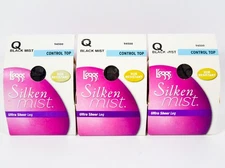3 L'eggs Silken Mist Control Top BLACK MIST Ultra Sheer Leg Pantyhose Size Q