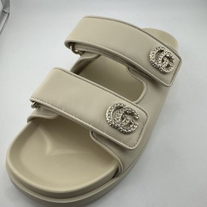 Gucci Nappa Double Strep GG Crystal Embellished Slide Sandals Size 37 EU 7 US