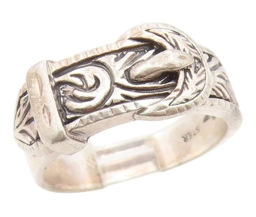 925 Sterling Silver Vintage Ring Floral Scroll Belt Buckle Band  Sz 8  RG36118